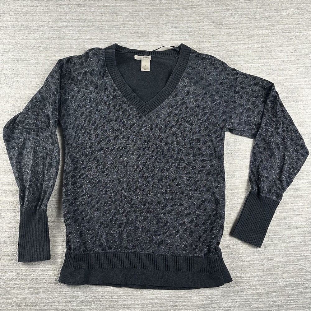 DKNY Jeans Girls Junior Gray & Black Sweater Top w Silver Metallic Sz Medium